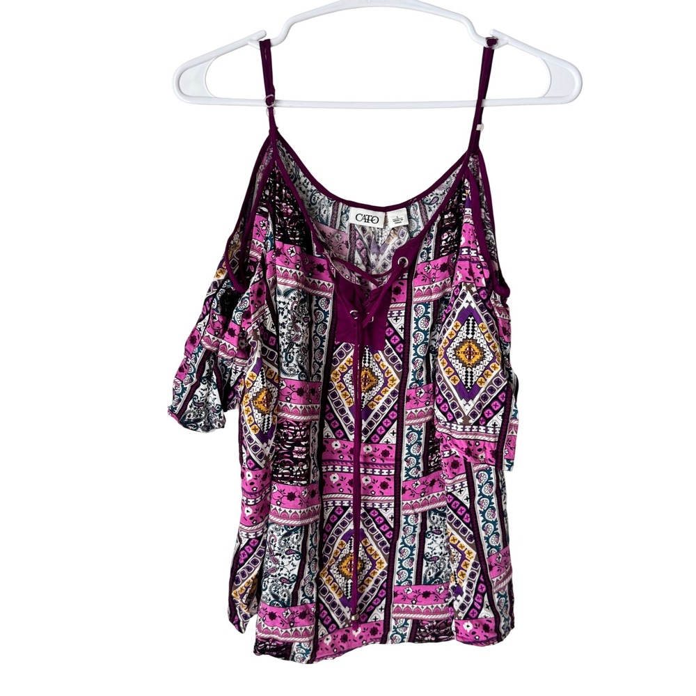 Cato Womens Large Purple Pink Geometric Paisley Cold Shoulder Lace Up Boho Top